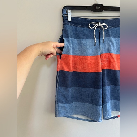 Johnnie-O 9” Shore Half Elastic Surf Swim Shorts in Blue and Orange Stripes, S - Picture 8 of 8